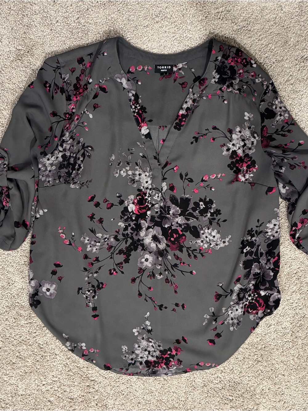 torrid Gray Floral V-Neck Blouse with Pink Accents-size1